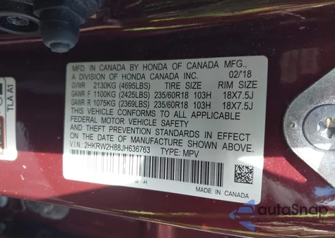 2018 Honda Cr-V Ex-L/Ex-L Navi from USA, damaged, VIN 2HKRW2H88JH636763